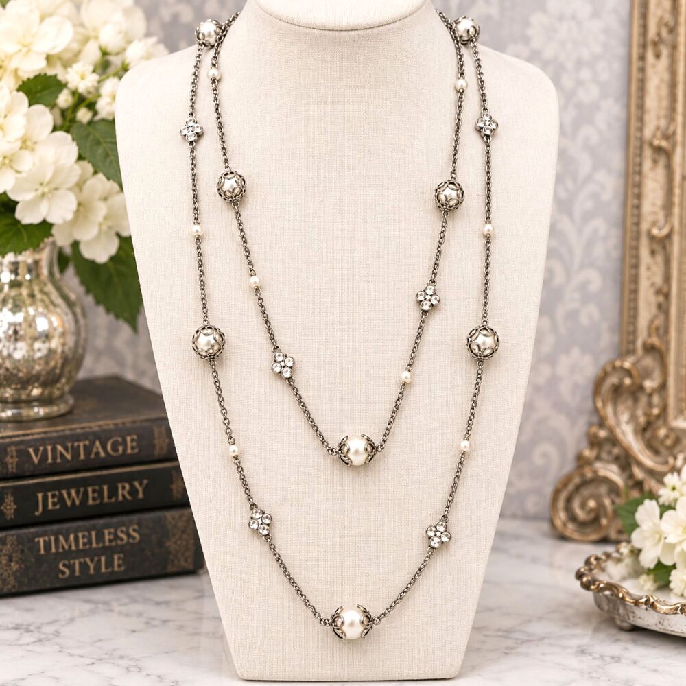 Vintage Premier Designs Long Station Necklace Silver Tone Faux Pearl Rhinestone
